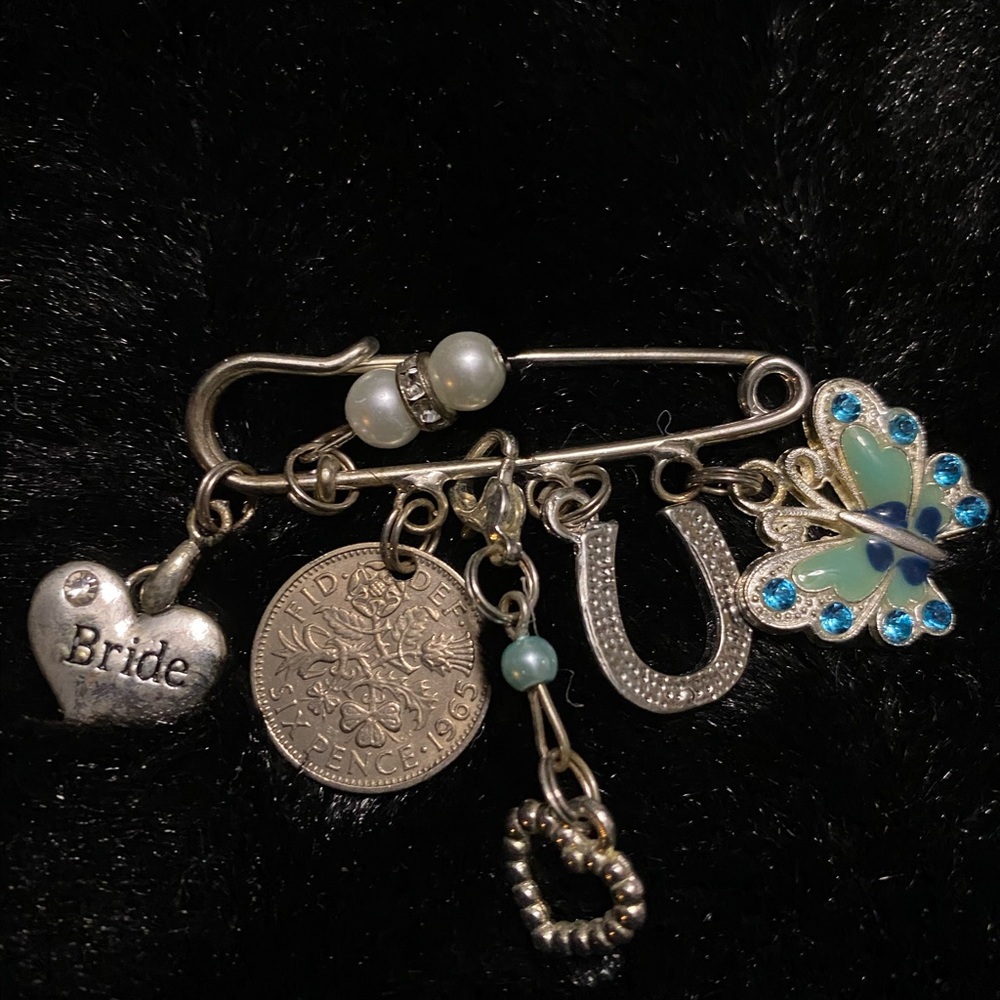 Bride Charm Safety Pin Brooch with Blue Butterfly and Horseshoe